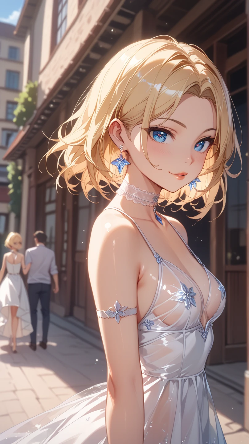 the same,
Depicts only one woman,
Golden Hair,Wet hair texture,Water dripping from hair,
(Short Hair.05),Ashime,straight,
((Black Rose))Hair Accessories,Purple Necklace,
Natural skin texture,Big ,Narrow waist,Bring both arms together,
((((White One Piece Dress)))),
White scarf,
(((White transparent jacket))),
Golden crown,
Neuschwanstein Castle,Garden of Roses,Sit on a bench,
11:30 PM,wood々,darkness,Starry Sky,moonlight,constellation,shooting star,
Slightly larger breasts,expression(smile),Hall々and attitude,White teeth,Open Mouth,Narrow your eyes halfway,
blush,True Face,Sexy pose,Posture with emphasis on the chest,
Natural depiction,
Beautiful depiction,
Shiny eyes,
Healthy Body,
Natural hairstyle,
Natural body contours,
Natural facial contours,
(Five fingers)A clear depiction of,Symmetrical fingers,
Two arms,Two legs,
Sharp eyelid depiction,
Symmetrical eyes,
Keep the subject in the center,Expand the upper body,
Beautiful image quality,
Delicate shades,
4K,Very detailed,
Delicate light adjustment,
Delicate contour drawing,