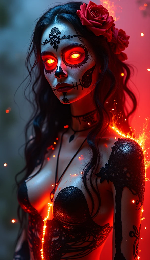 calavera with curls, neon color with a black background with smoke, only figurines