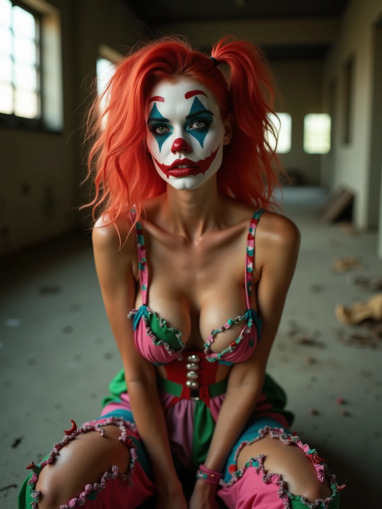 A vibrant evil clown female,age 23, clown makeup, 44d natural perky saggy breasts,in a multi-colored ripped and torn outfit sits thoughtfully, exuding a sense of contemplation and depth and danger. Background: abandoned warehouse.