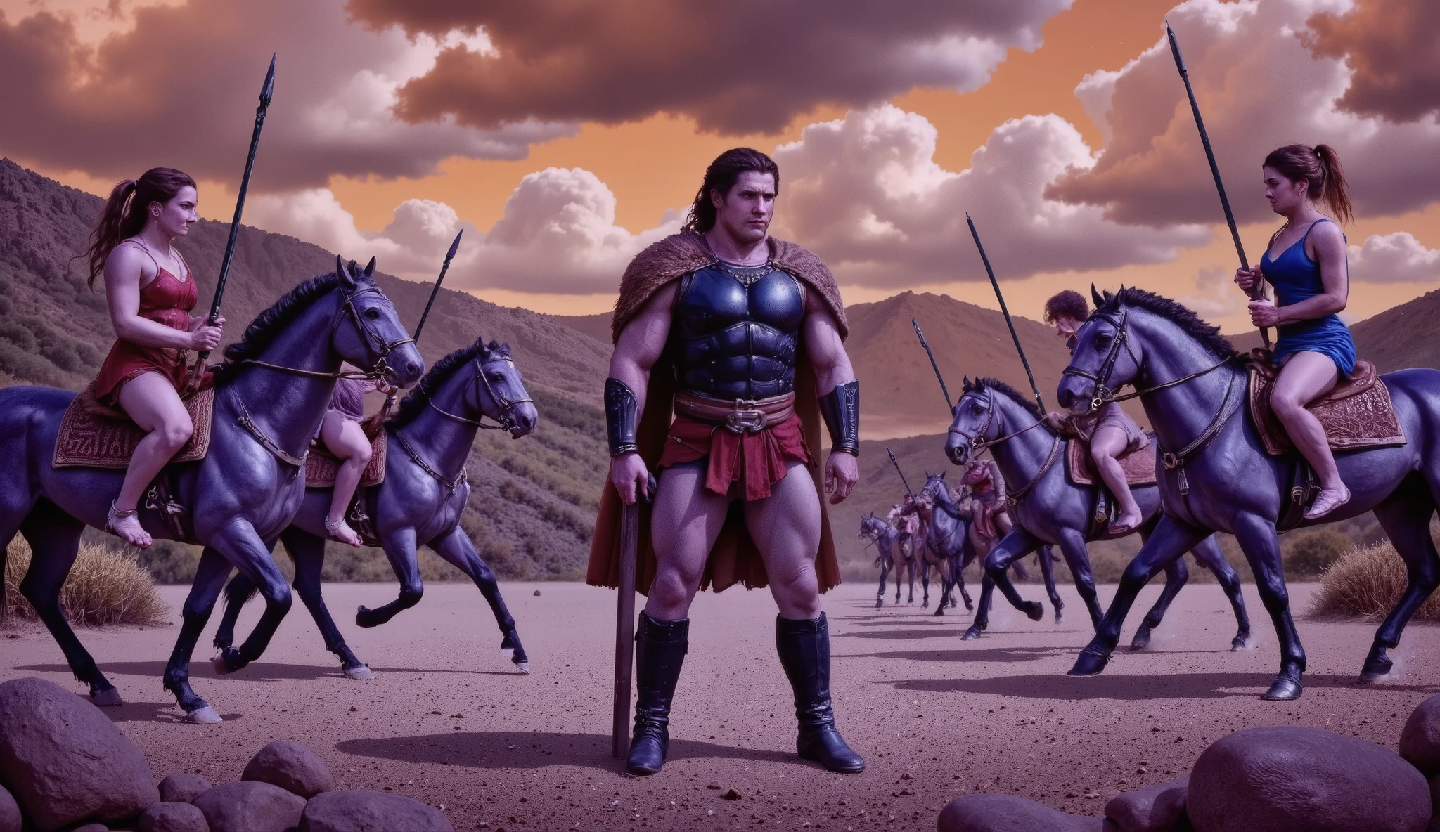 Hercules standing on the ground, surrounded by Amazon warriors on horseback wielding spears.
