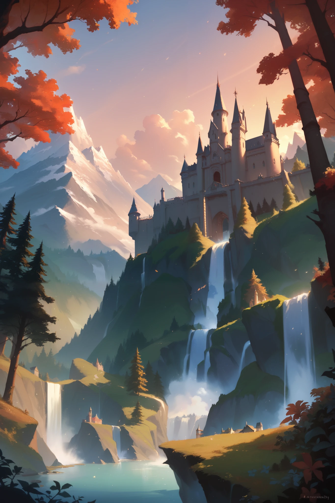 A castle-like school on top of a waterfall on a mountain, sunset in the background, artistic painting, a forest at the base of the mountain, point of view from below among the forest, fantasy, Nobility, light details, light particles,