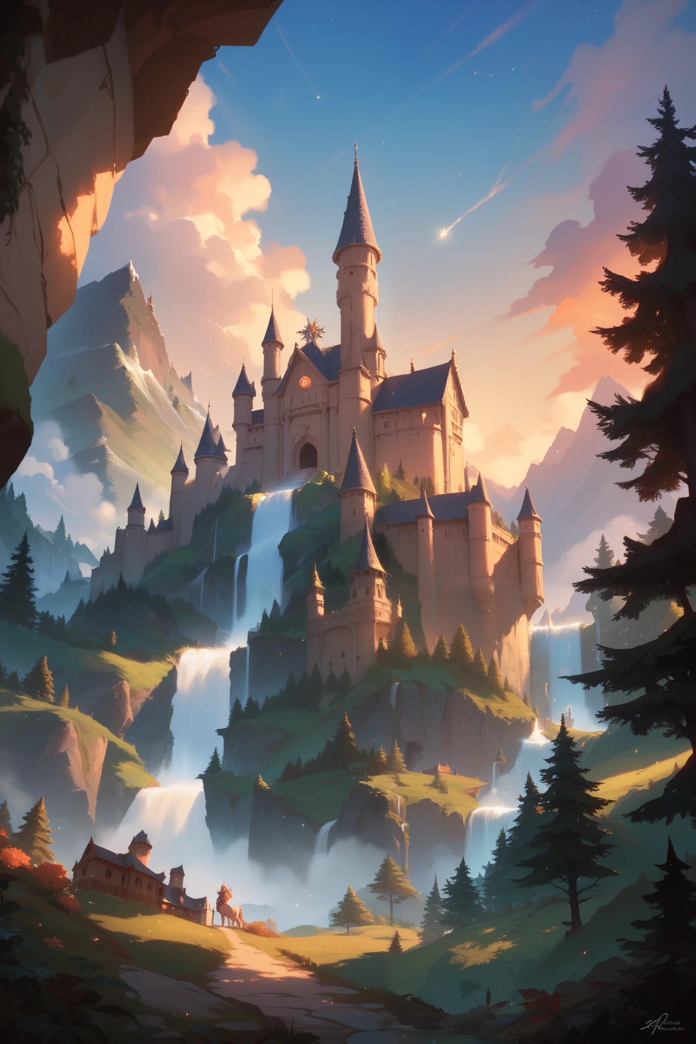 A castle-like school on top of a waterfall on a mountain, sunset in the background, artistic painting, a forest at the base of the mountain, point of view from below among the forest, fantasy, Nobility, light details, light particles,