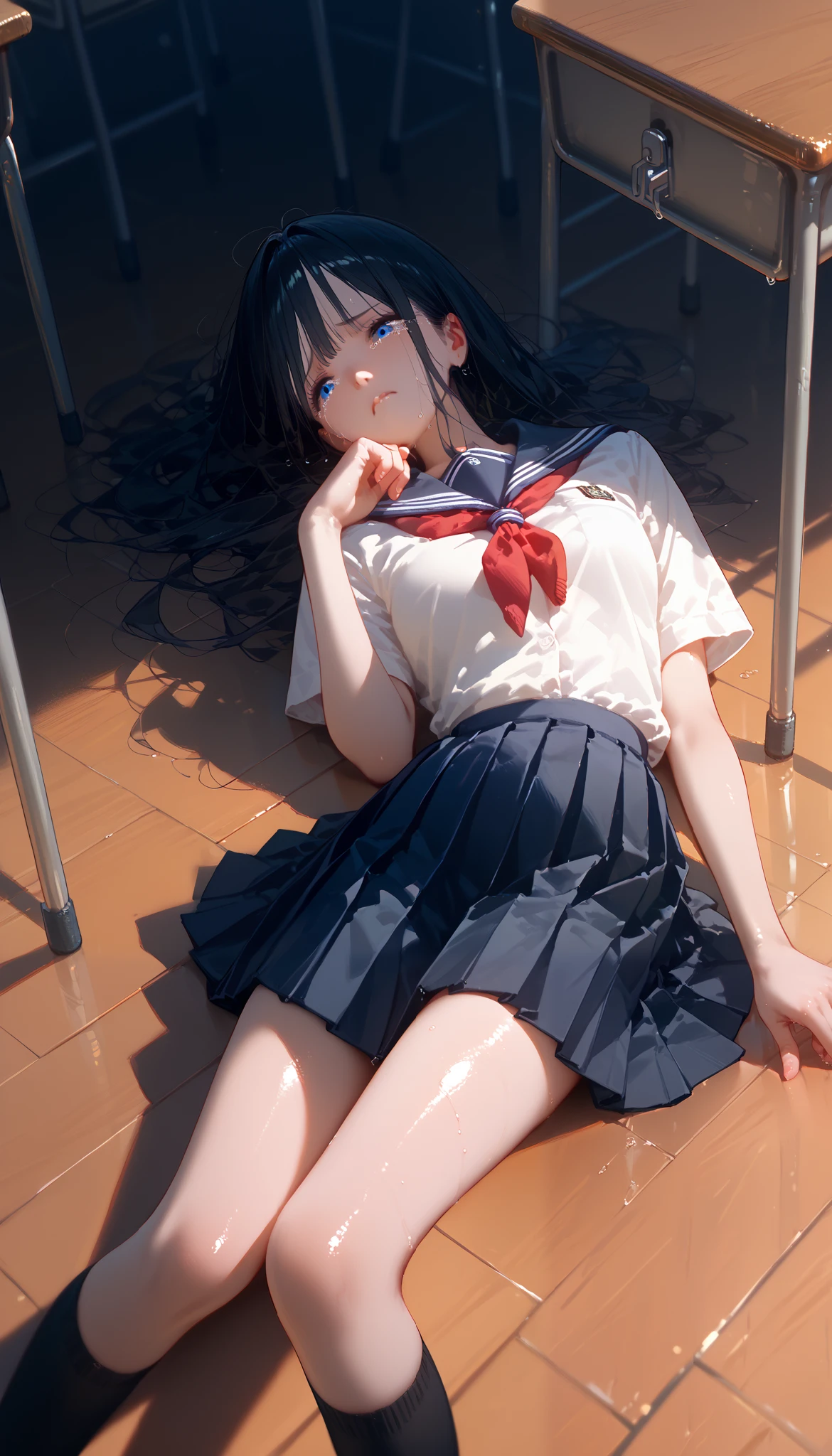 ((top-quality))、((​masterpiece))、1girl in、Formal-up、beautiful detailed eyes and face、pretty skin、a very cute、22year old、School swim wear(darkblue、Simple design、Matte texture、Wrinkle、Polyester material、Nero、shadings、)Wet body、Anime Face、Beautie、Facing the front、big eye(Beautiful fece、Anime Face、Clear eyes、Fine details、Beautiful eyes)Well-formed face(Beautiful nasal muscles、Perplexed、sharp mouth)full of sweat、sodden、Wet feeling、Background with(sunny sky、takeout)、8K picture quality、perfectly proportions、A slender、red blush、female focus on,  hair adornments,length hair, Look at viewers,