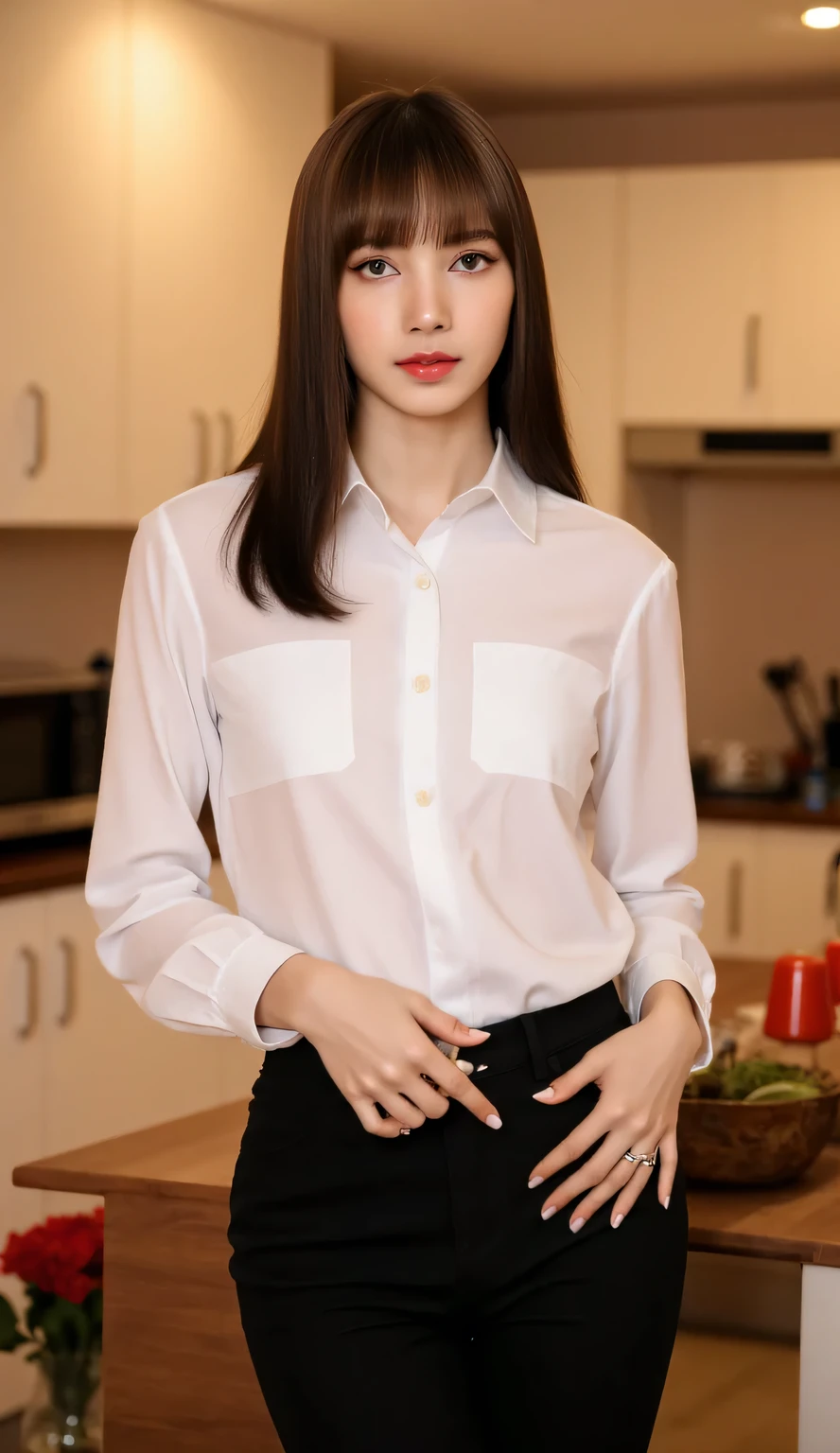 A beautiful woman, standing in the kitchen, front facing, using a white casual shirt , Black trousers, big boobs, red lips,