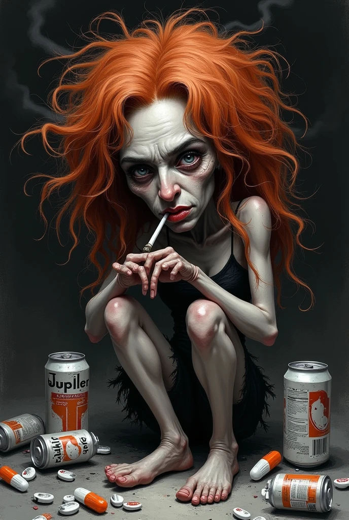(((skinny woman))), (((smoking a cigarette))), milf, best quality, (nsfw:1.3), highres, short hair, sidelocks, (big smile:1.1), ((((small breasts)))), (((sagging breasts))), necklace, ear rings, (((redhead))), parisian bar, realistic rendering, pnotorealistic style