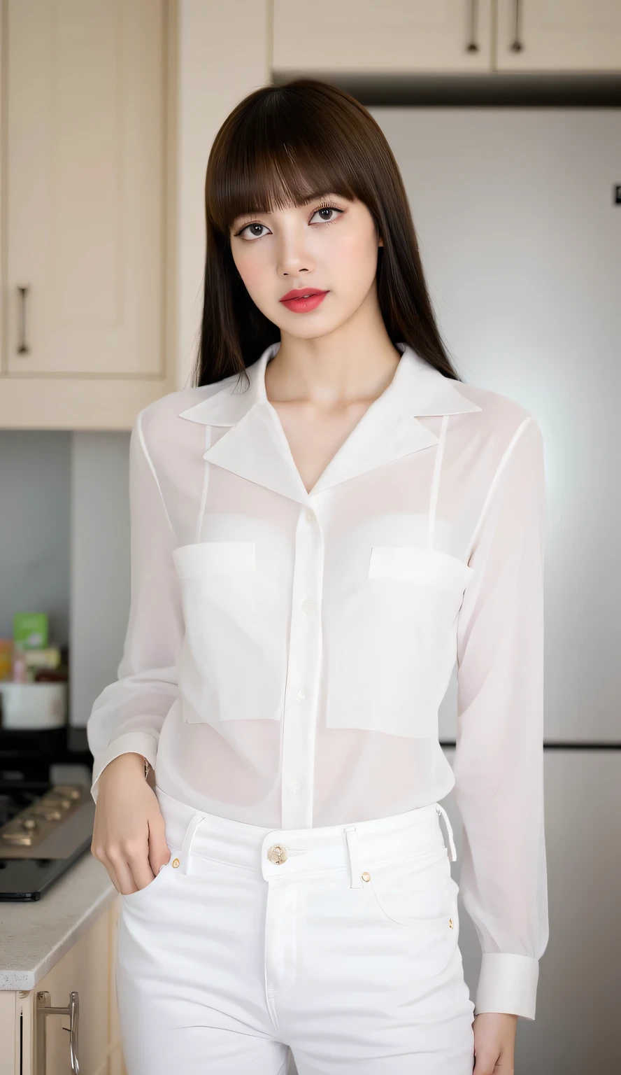 A beautiful woman, standing in the kitchen, front facing, using a white casual shirt , trousers , big boobs, red lips,