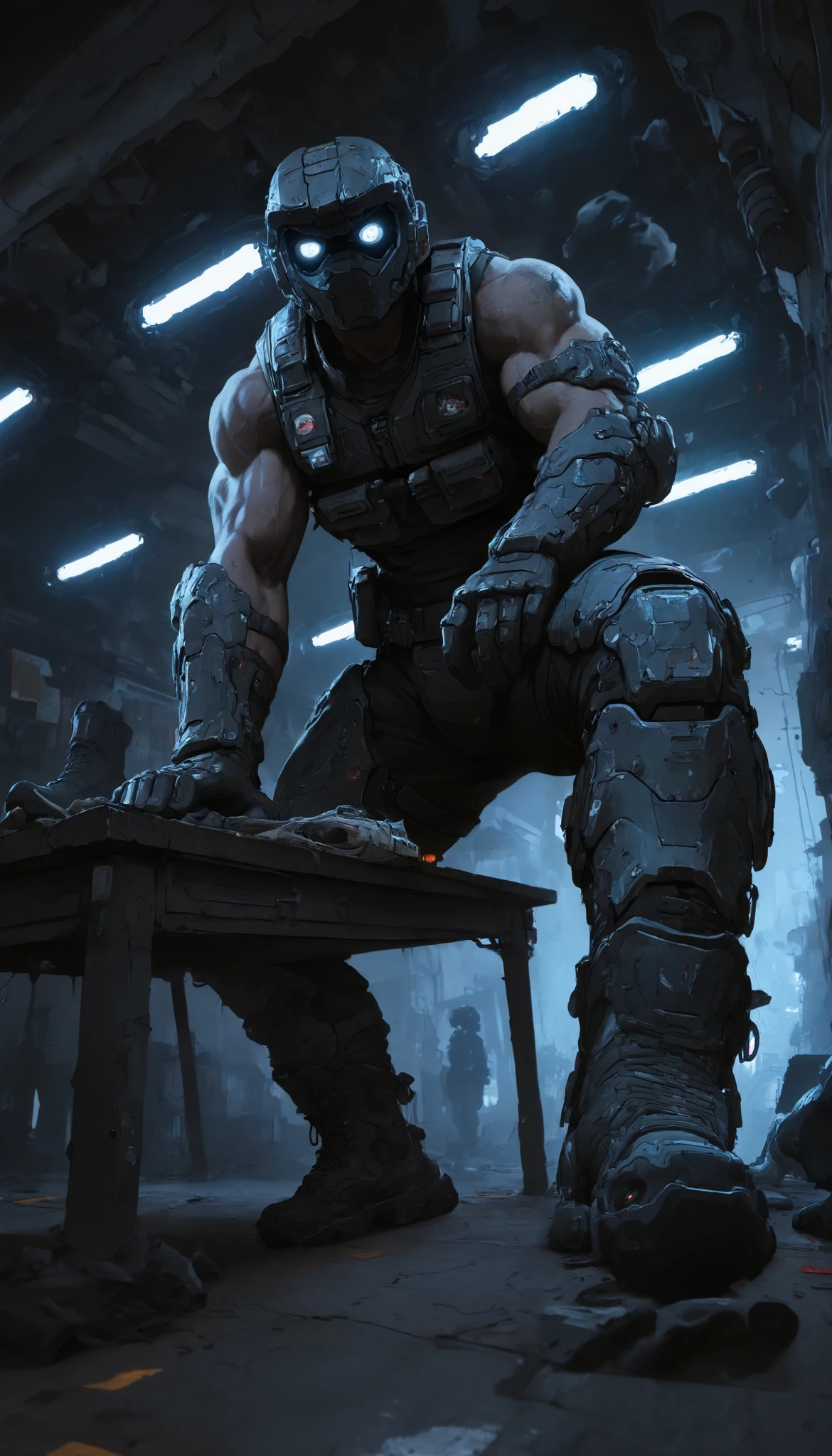 masterpiece,the best quality,newer,absurdres,a boy,futuristic heavy armor,vest,bulletproof mask, dynamic pose,A boot on the table, from below,epic poses,threatening,dark,illuminated eyes,muscular,