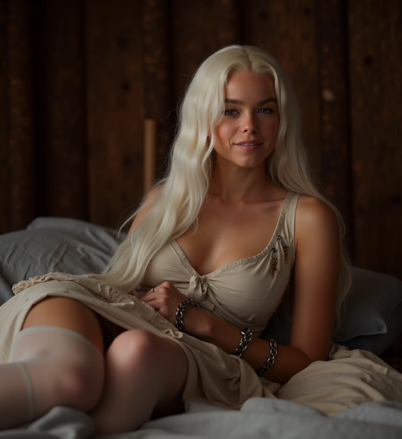 masterpiece, ,(solo:1.1), perfect face, (bright lighting:1.2),beautiful detailed eyes, extremely detailed face, perfect lighting,masterpiece, best quality, ((mature female)), 18 years old game of thrones cosplay Daenerys Targaryen, Emilia Clarke, cosplay , on bed, lying, on back, 1boy, solo focus, , vaginal, pov, missionary, spread legs, legs, feet, cosplay