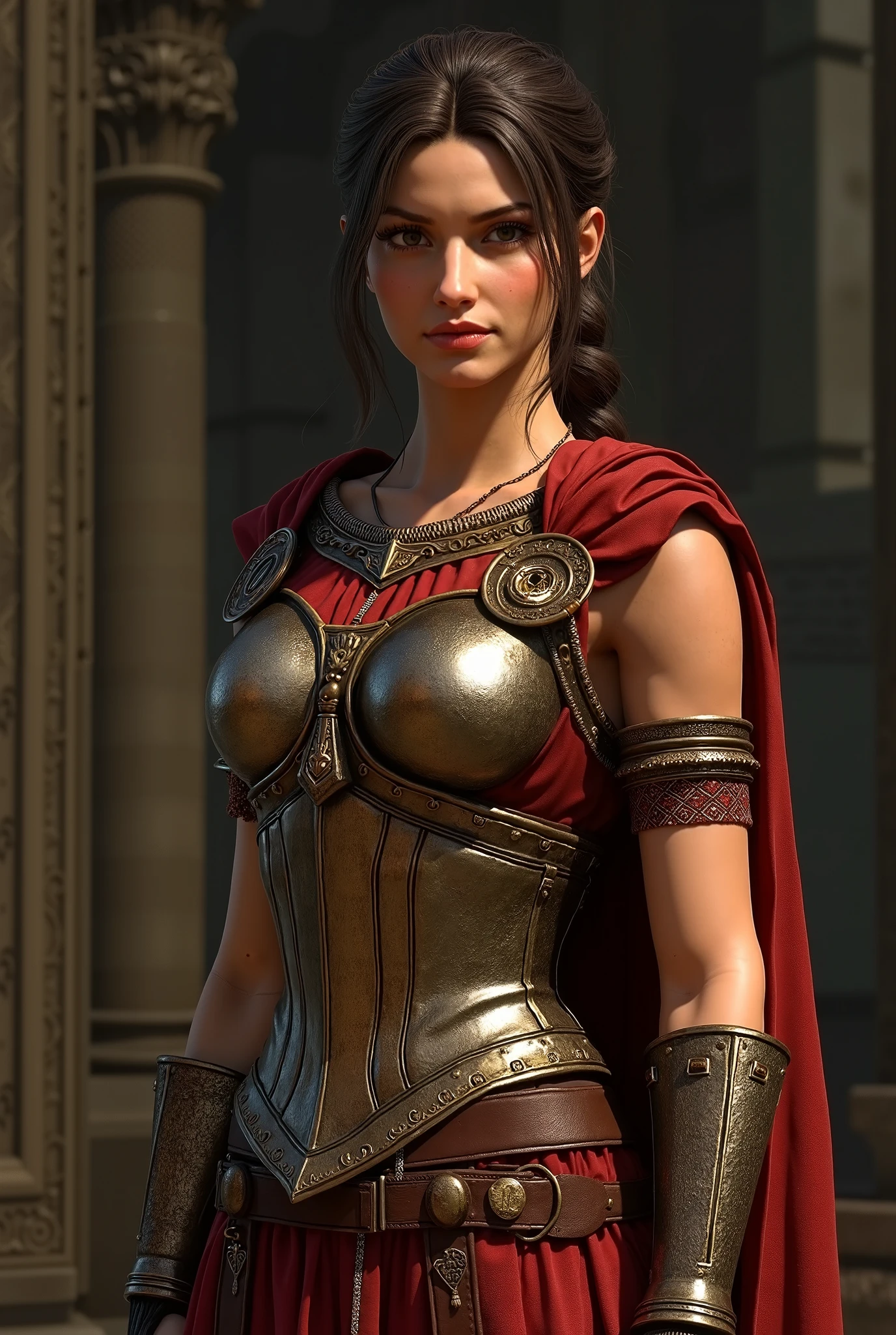 score_9, score_8_up, score_7_up, masterpiece, high quality, BREAK
 <lora:KassandraPonyLoRA:0.8>kssndra, braid, long hair, hair over shoulder, capelet, breastplate, asymetrical bracer, fingerless gloves, belt, skirt, standing, bow (weapon), arrow (projectile), quiver