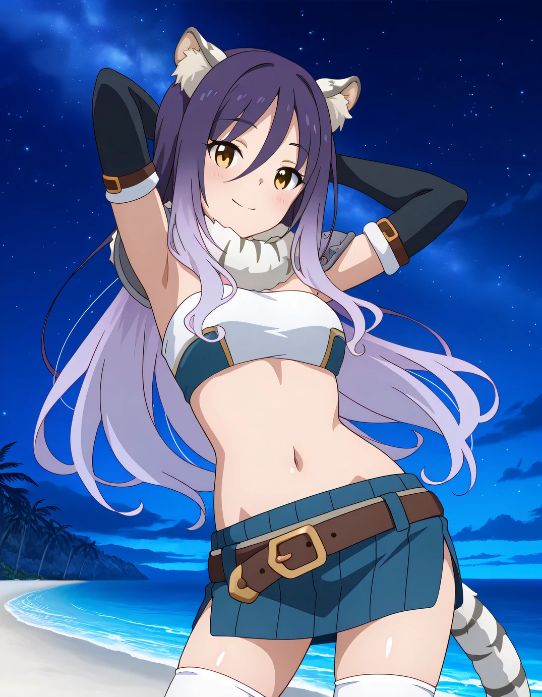 shiori, game screencap, long hair, hair between eyes, multicolored hair, purple hair, light purple hair, yellow eyes, tiger ears, tiger tail
scarf, tube top, single shoulder pad, fur trim, midriff, elbow gloves, fingerless gloves, brown belt, blue skirt, white thighhighs, shiny skin, solo, night sky, beach, armpits, hands behind head, ((contrapposto)), closed mouth, cowboy shot, looking at viewer, smile, best quality