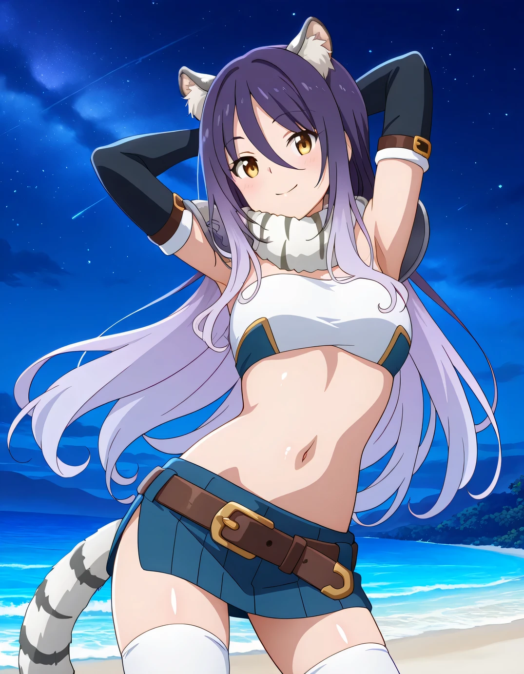 shiori, game screencap, long hair, hair between eyes, multicolored hair, purple hair, light purple hair, yellow eyes, tiger ears, tiger tail
scarf, tube top, single shoulder pad, fur trim, midriff, elbow gloves, fingerless gloves, brown belt, blue skirt, white thighhighs, shiny skin, solo, night sky, beach, armpits, hands behind head, ((contrapposto)), closed mouth, cowboy shot, looking at viewer, smile, best quality
