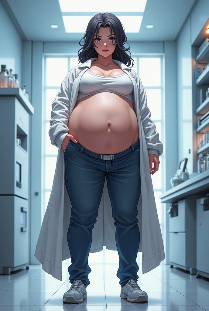 pregnant woman in lab coat using electric scooper on body, , 1girl, lactation, solo, breasts, white hair, , hands on own stomach, long hair, big belly