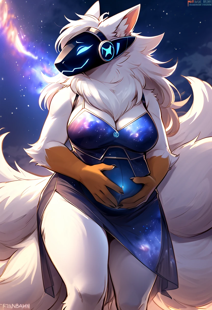 top quality, best quality, by rzminjourney, by vector-art, High-quality illustrations, masterpiece)(kemono, furry anthro)logo mark, round, female, arctic protogen, blue visor, slim body, big breasts, wide hips, one-piece swimsuit, pregnant