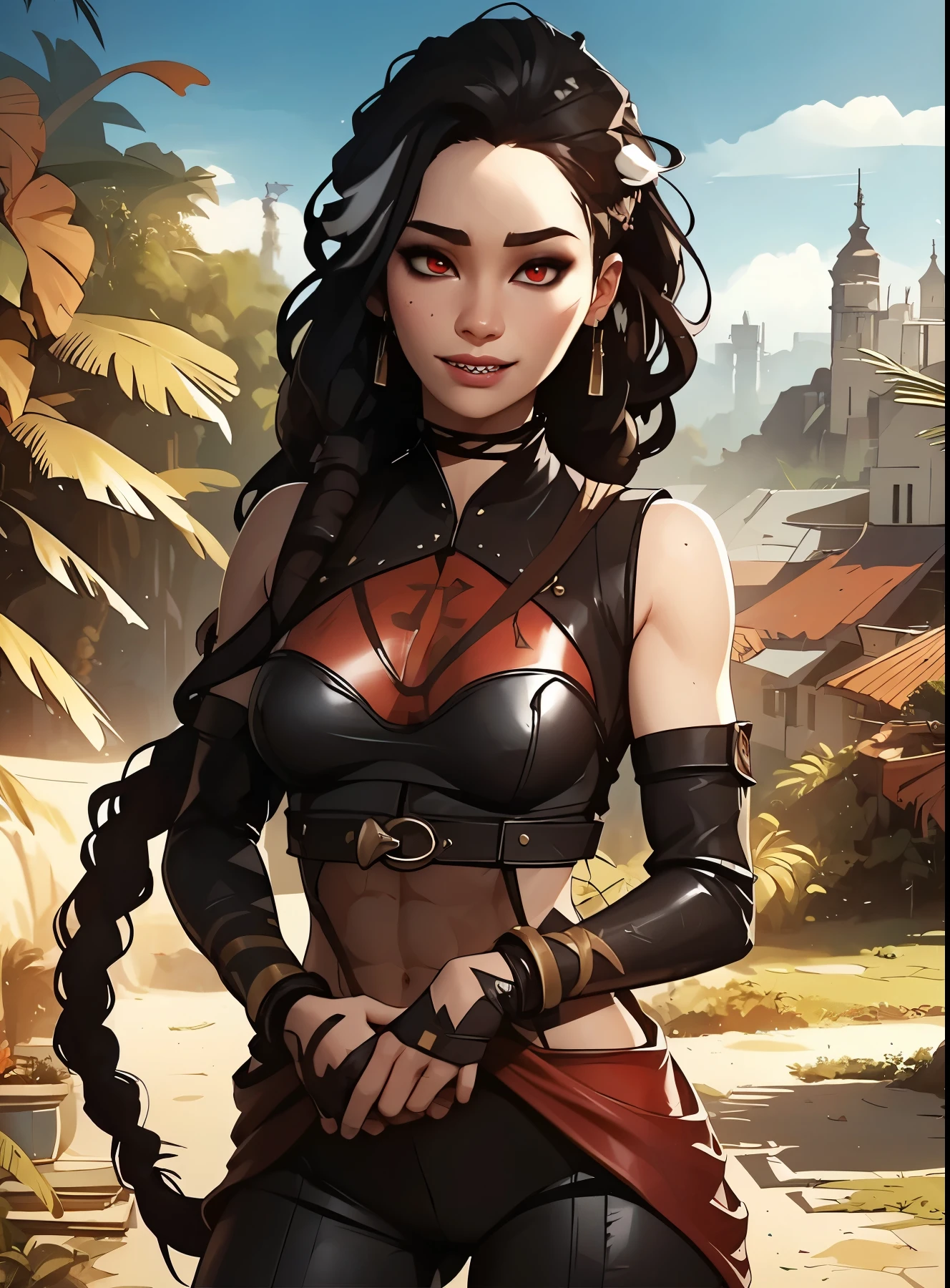 1girl, (solo:1.2), (looking at viewer:1.5), (upper body:1.5), (walking:1.2), (cowboy shot:1.5), (masterpiece:1.3), (best quality:1.3), (perfect anatomy:1.4), highly detailed, (secluded river scenery:1.2), (sunlight through trees:1.3), daylight,natural rock formations, nature,, <lora:Boa Hancock [h_madoka - v1.0]:0.9> hancock1, boa hancock, cleavage, black hair, long hair, epaulettes, long cape, crop top, long sleeves, side slit, snake earrings,, <lora:Maenoo [MockAI - v1.0]:0.8> semi-realistic artstyle, vibrant, soft shading, expressive