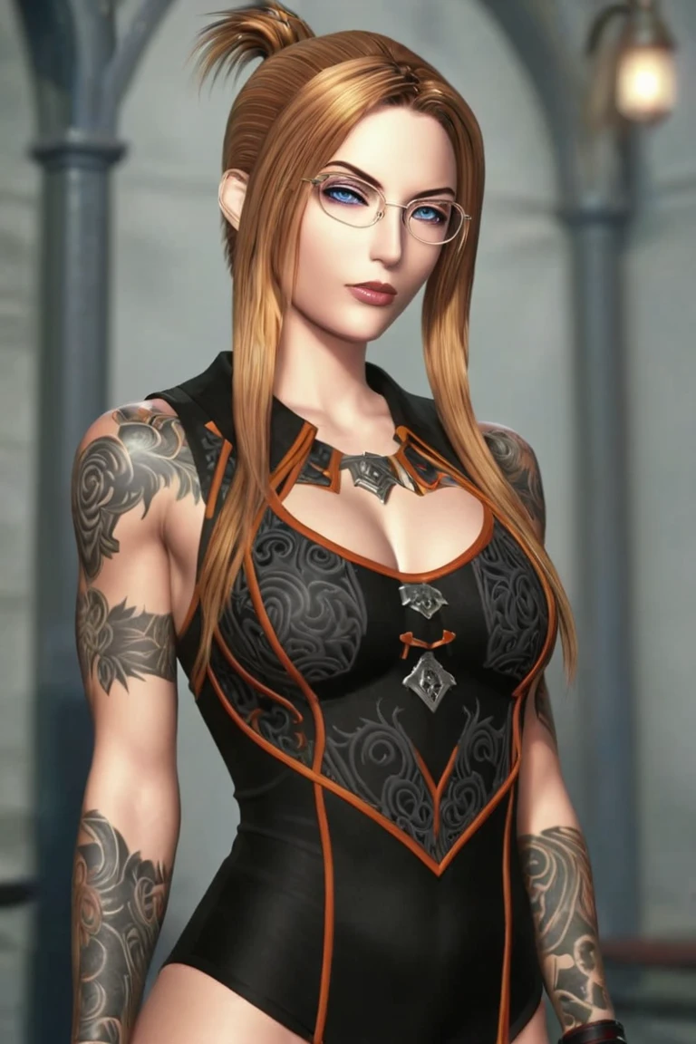 Create a hyper detailed photograph of a tattooed muscular young sexy quistis deathknight, Stunningly perfect gorgeous face, glasses, perfect makeup, detailed vibrant eyes, big beautiful muscular legs, big beautiful muscular arms, perfect body, muscular abs, detailed smooth skin, big breast, large hart shaped ass, black strappy lace sundress,