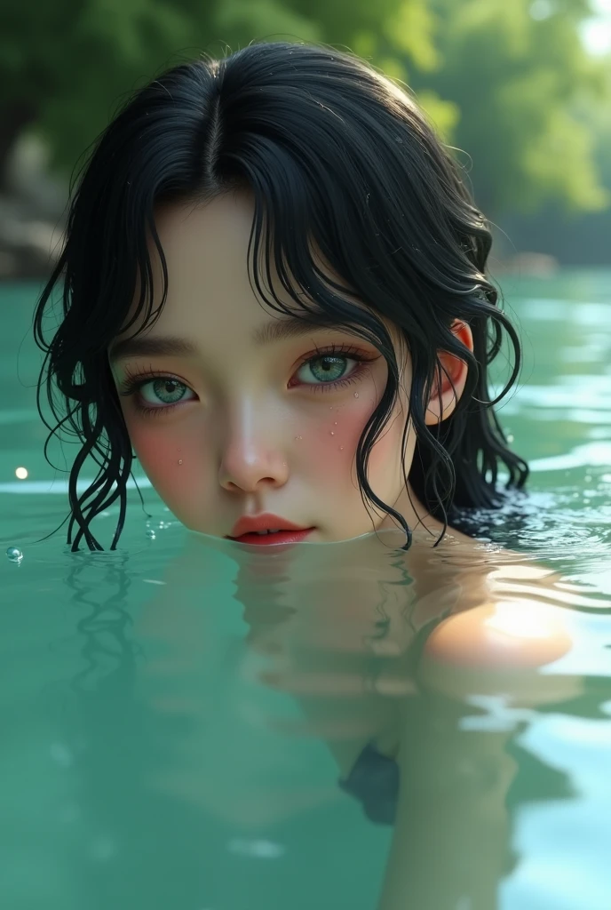 close up portrait of a cute woman (gldot) bathing in a river, girl half body drowning in the water, reeds, (backlighting), realistic, masterpiece, highest quality, lens flare, shade, bloom, [[chromatic aberration]], by Jeremy Lipking, by Antonio J. Manzanedo, digital painting,