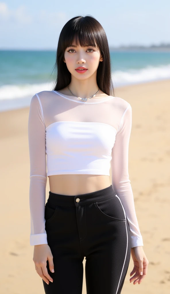 ((Top Quality)), ((8K)), ((Masterpiece: 1.3)), (Perfect Appearance), (Photorealism: 1.6), (Japanese woman walking on the beach with the sunset in the background: 1.4), (sandy beach at sunset), (The sea dyed red by the sunset), (The setting sun is dazzling), (Backlit), (Mont Saint Michel can be seen in the background: 1.2), japanese woman, (48 years old), ((Standing upright, facing forward, center of screen)), ((Realistic skin texture)), (Fine wrinkles throughout the skin: 1.3), (Dull skin: 1.1), (Skin without moisture: 1.2) , (Wrinkles on the face: 0.9), (Wrinkles on the corners of the eyes: 1.2), Double eyelids, tear bags on the lower eyelids, (Crying moles: 0.9), The eyes are looking here, serious gaze, (Dimples: 1.2), smile with the corners of the mouth raised wide, straight medium length, hair fluttering in the wind, soft fabric blouse, (transparent blouse: 1.3), (Plump and glamorous body), (wide sleeves), (Cuffs that fit your wrist), (The hem of the blouse is tucked into the skirt: 1.2), (long skirt: 1.2), (Bare feet wet with seawater), (whole body: 1.3), Angle from feet: 1.2,
