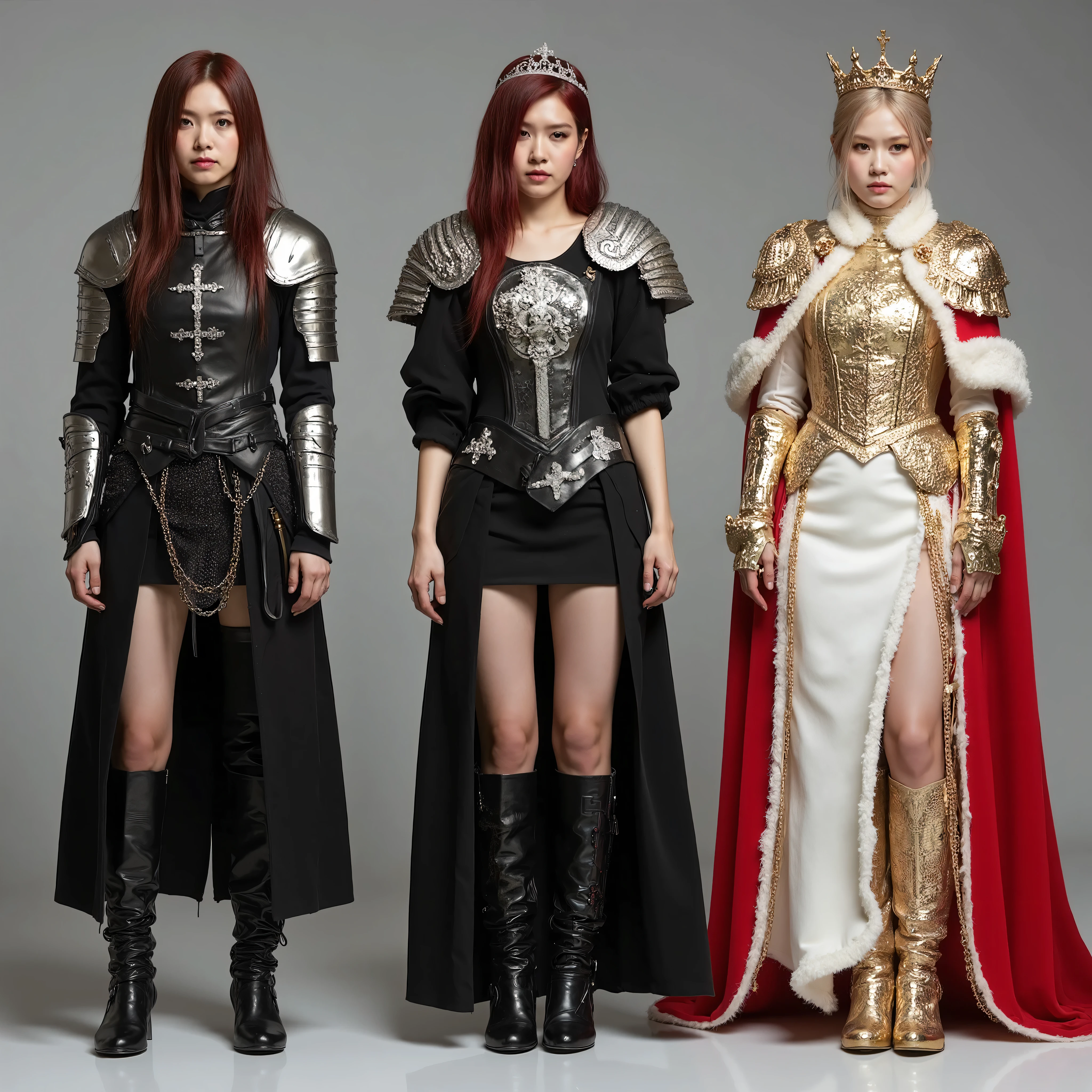 The same Rose Makina woman stands exactly full-length images in three different erotic outfits, 1 type - black leather armor for a clergyman nun with steel plates, cross black leather corset with silver patterns and black leather dress with silver chains, silver cross on the chest, black boots with silver heels, silver shoulder pads with streamlined shapes and printed cast crosses, Type 2 - sexy steel streamlined knight armor with engraved lion's coat of arms, steel corset with sapphires, steel large knight shoulder pads with lion head shape, has a steel chain skirt with chains, steel boots with plates, 3 type sexy gold women's armor and white dress with a cutout leg, golden crown on her head, red royal cloak with white ribbons and white fur collar, gold shoulder pads with lion engraving and gold boots with pointy toes, stands on a gray background .