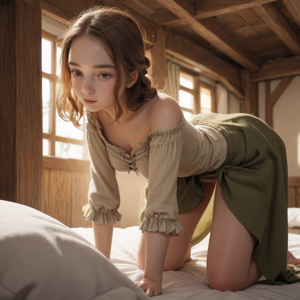 fantasy oil painting, portrait of an 18-year-old short curly blonde peasant girl, cute face (extremely Skinny Body:1.2) (flat chest:1.2) underfed, dirty medieval brown cloth mini dress, showing one nipple, lifting her skirt, sweaty, 8K Ultra realista, kneeling in a barn, night, style by Frank Farzetta