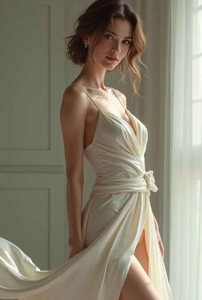 (best quality, masterpiece:1.2), ultra high res, realistic, front lighting, intricate detail, Exquisite details and textures, 1girl, solo ,(young), face highlight, upper body, detailed face, tear mole, white skin, silver hair, ponytail, braid hair, looking at viewer, big eyes, silk robe, (hollow pattern, white, silk), earrings, small breasts, slim body, luxury room, professional lighting, photon mapping, radiosity, physically-based rendering,
