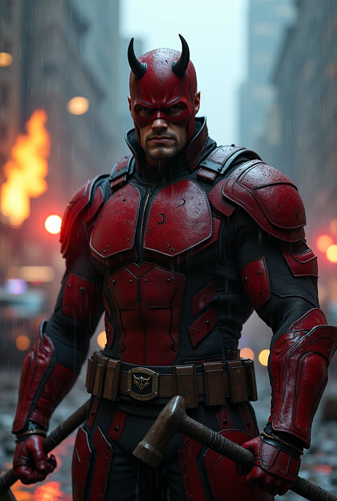 Generates the image of a muscular super villain wearing a dark red and silver suit. The super villain suit is tight-fitting and has protectors., Use tactical gloves and weapons