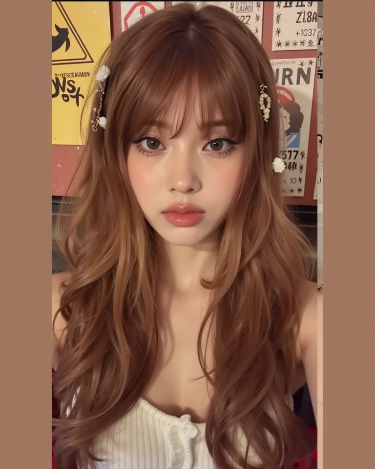 there is a woman that is looking at a cake on the table, brown bangs, neat hair with bangs, curtain bangs, brown hair with bangs, brown hair and bangs, long hair with bangs, brown long hair with bangs, fluffy bangs, long bangs, brown hair fringe, long hair with full bangs, with bangs, rusty colored long hair, big brown fringe, joy red velvet