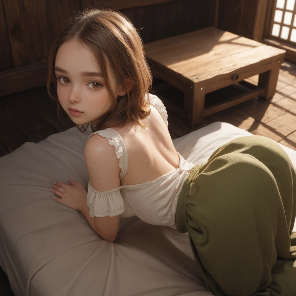 (realistic, photo-realistic:1.4), (masterpiece, best quality:1.2), RAW photo, high resolution, intricate details, extremely detailed, (back view:1.,2), looking at viewer, solo, 1girl, a Japanese woman, wearing a minidress, open back, (kneeling with leaning forward:1.5), (eating a candy ice in hands), detailed face, detailed eyes, sophisticated nose, pale skin, photo background, indoors, home,