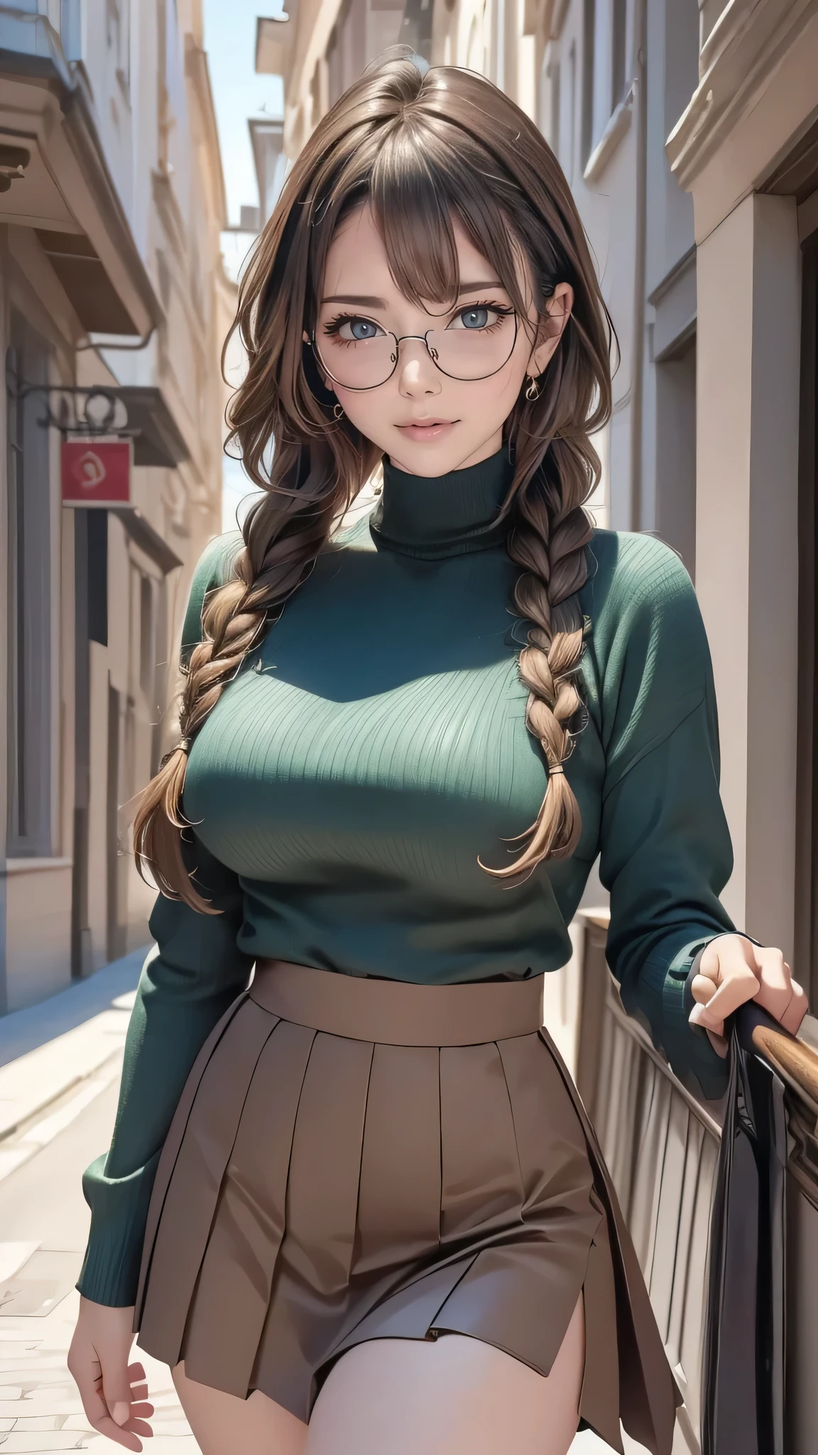 (masterpiece:1.3, top-quality), ultra high res, ultra detailed, (realistic, photorealistic:1.4), beautiful illustration, perfect lighting, colorful, depth of fields,
looking at viewer, (face focus, upper body), 1 girl, solo, hight school girl, gravure model, (large breasts:0.8, large ass, seductive thighs, skindentation),
(middle hair:1.2, single braid, light brown hair), bangs, braided bangs, (gold eyes), drooping eyes, parted lips, shiny skin,
beautiful hair, beautiful face, extremely detailed face, beautiful detailed eyes, beautiful clavicle, beautiful body, beautiful chest, beautiful thigh, beautiful legs, beautiful fingers,
(detailed cloth texture, blue-green long sleeve high neck sweater, black pleated skirt, (dark brown casket)), round glasses, shoulder bag, garnet necklace,
(beautiful scenery), night, (downtown, staircase), walking, (seductive-smile),