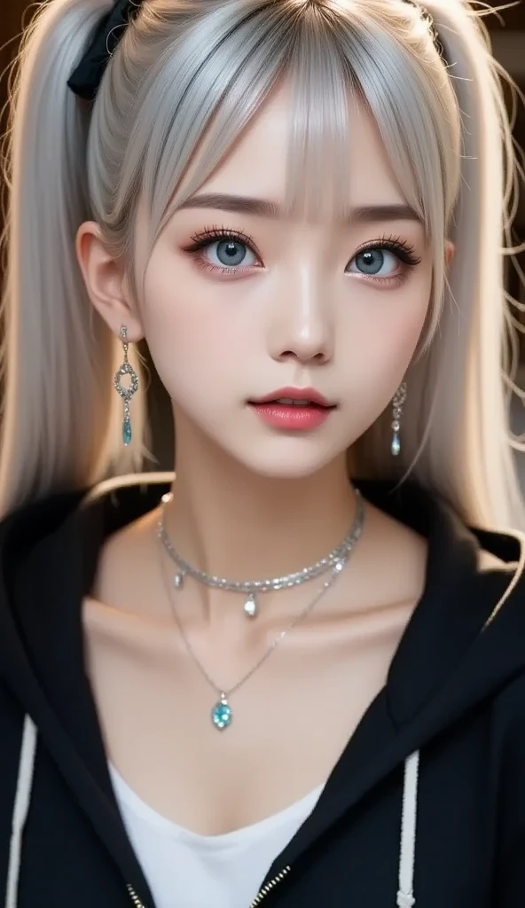 (masterpiece, highest quality:1.2), 8K, 85mm, Raw photo, confused, white and cyan theme, (liquid clothes, liquid dress:1.4), gray hair, gradient dress, delicate girl, Upper body, close your face, shiny skin, , looking at the viewer, HDR, sharp focus, particle, dusk sky, shiny skin, small eyes and face, colorful background, simple background、earrings、necklace、clavicle、straight long、straight perm、silver hair、
