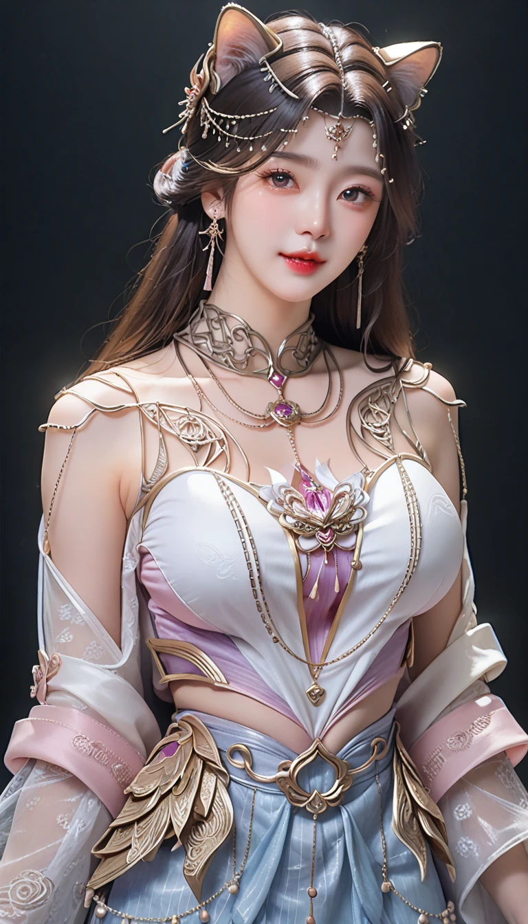 A close-up of a woman in a sexy transparent white gold low-cut lace armor with big breasts and a lotus flower in her hand, head jewelry, violet necklace, jade belt , Toned abs, a beautiful fantasy empress, ((a beautiful fantasy empress)), beautiful celestial wizard, Beautiful character painting, full body xianxia, portrait, Knights of the Zodiac, , by Yang J, G Liulian's art style, fantasy art style, foreshortening