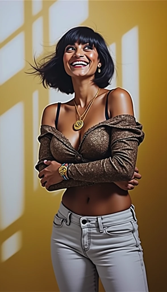 A photorealistic digital painting of a female rapper with a cocky, sly grin, smugly laughing at her success, opportunity, affluence, prosperity, opulence, riches, means, substance, luxury, well-being, plenty, deep pockets, Mammon, wealth, and fortune, making rap gestures, hyper detailed, 8k, cinematic lighting, dramatic composition, vibrant colors