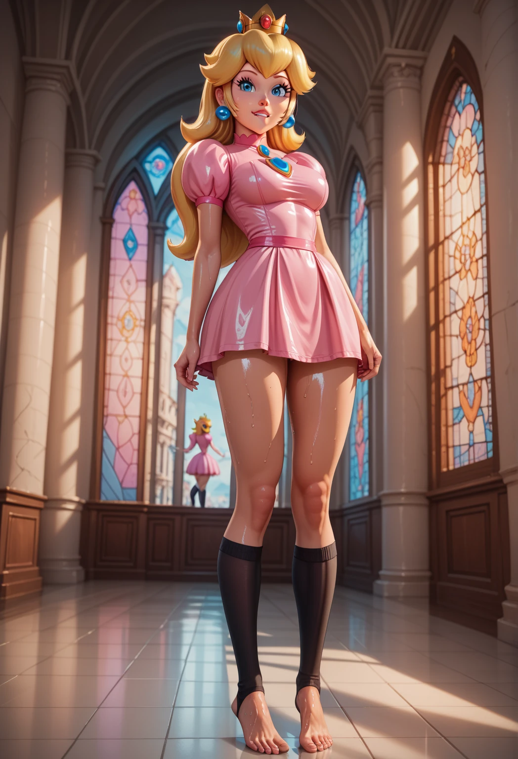 princess peach, 3d, slim, bare shoulders, corset, mini dress, thighhighs, boots, long hair, from behind, stone entrance, dark tunnel, from beow, grass, no face. one girl, solo, no-face, stone wall