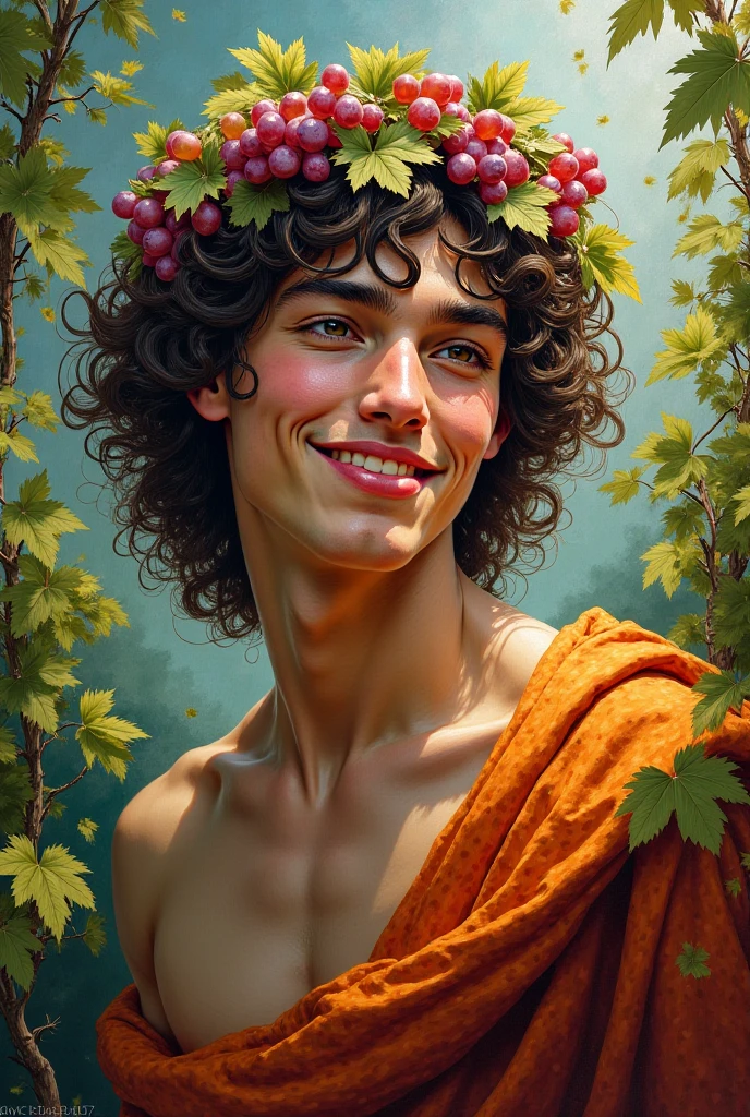 Caricature of the thin-faced Dionysius god of wine, Without beard, White skin, green eyes, muscular ,brown hair ,with a crown of purple grape leaves,  with an attractive pose in a tunic and bare chest.