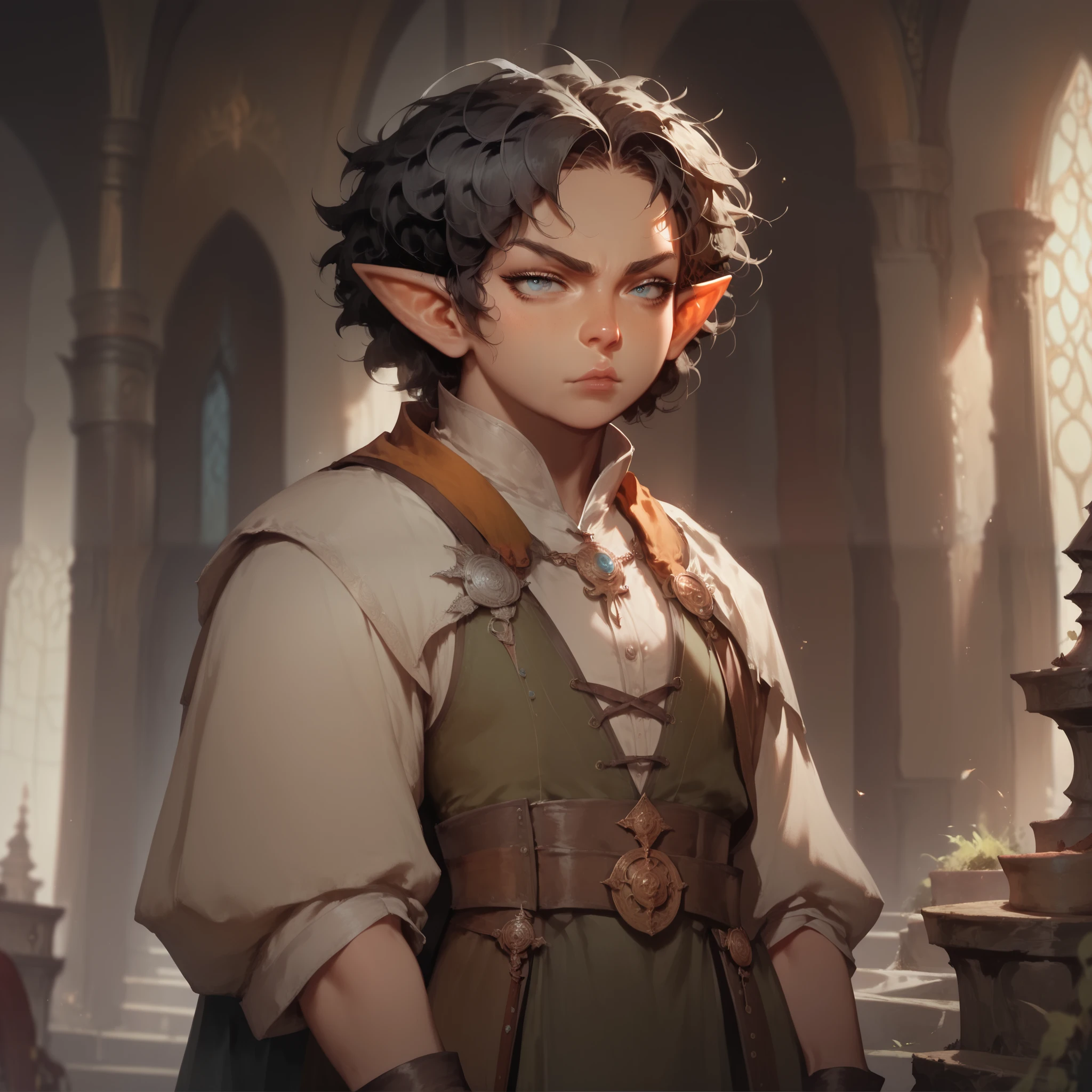 score_9 , score_8_up , score_7_up , 1boy , androgynous, (short height), big head , long pointy ears, halflings, (short dark hair), (round face), fantasy noble clothes, (fantasy poncho), serious , solo , in a medieval regal room interior, highly detailed , high quality , concept art ,