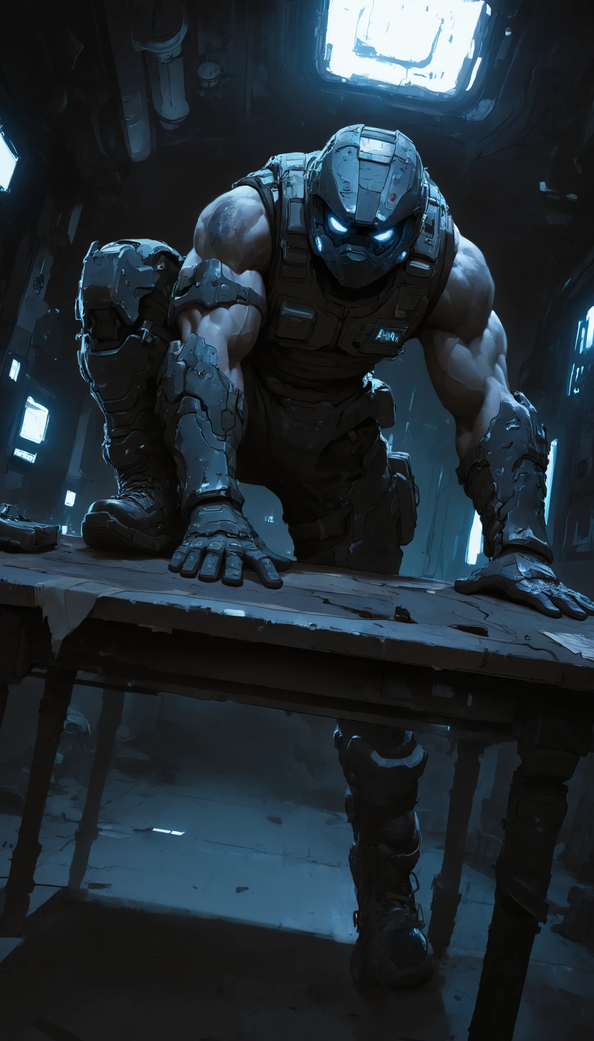 masterpiece,the best quality,newer,absurdres,a boy,Alone,futuristic heavy armor,vest,bulletproof mask, dynamic pose,A boot on the table, from below,epic poses,threatening,dark,illuminated eyes,muscular,