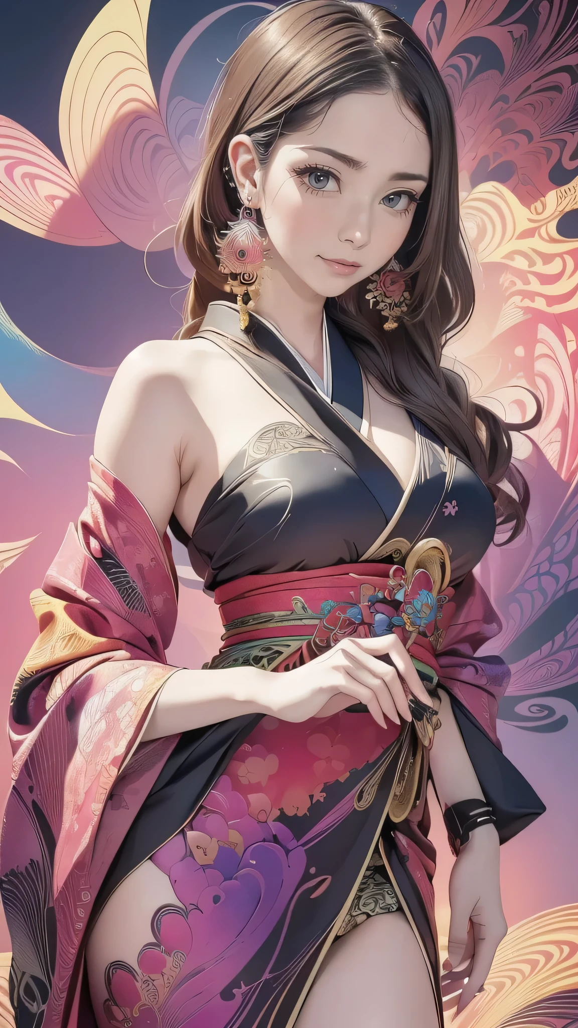 (masutepiece, of the highest quality, Best Quality, Official art, Beautiful and aesthetic:1.2), (1girl in:1.3), Extremely detailed,(Fractal Art:1.1),(Colorful:1.1),highest details,(Zentangle:1.2), (Dynamic Pose), (Abstract background:1.5), (Japanese dress:1.2), (Shiny skin), (Many colors:1.4), ,(earrings:1.4),