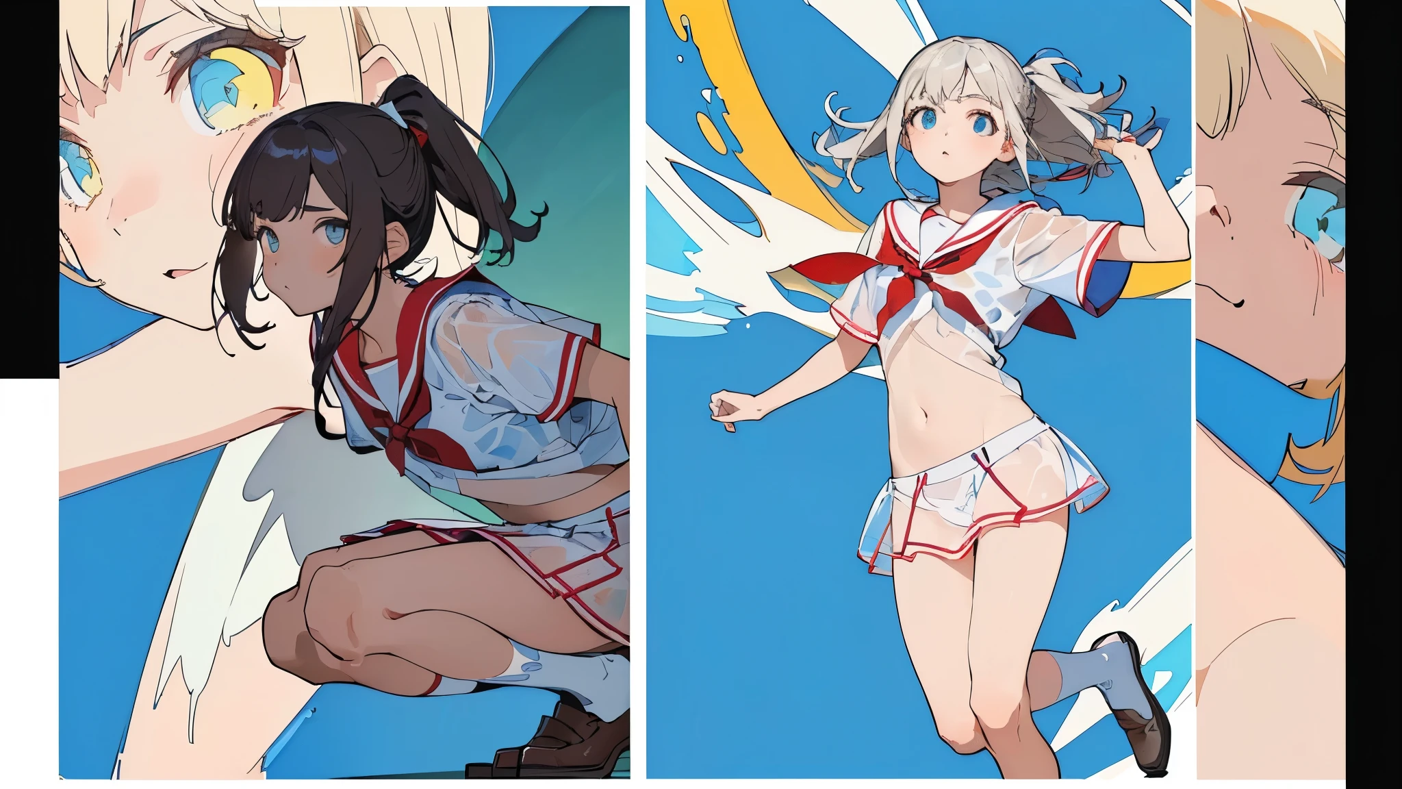 (NSFW:1.2), Official art,Beautiful detailed eyes, two girls with swords,Dynamic Pose, (On the roof of a japanese castle:1.2),moonlight, midnight, Idol, Sailor Uniform, (Clothes pieces are flying:1.1), (sexy bikini:1.2), (Completely torn clothes:1.3),spread breasts, combat scene,embarrassed, Shameful face,scorn ,Tired smile, Excite, Black hair, Blue hair, sliver hair, blonde hair, show off breasts, show off nipple