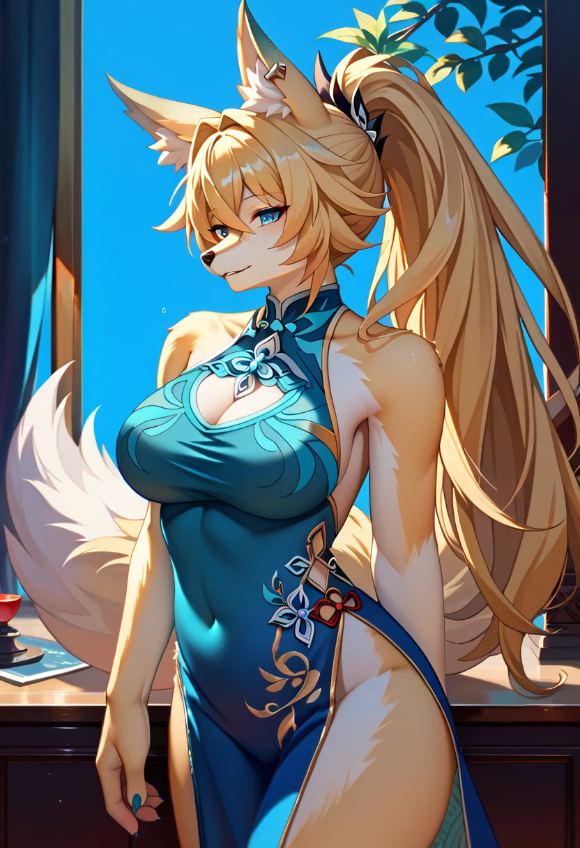Adult woman, longue blonde hair, The eyes are blue, fox ears and tail, Chinese dress, ssmile, blue lipstick, Masterpiece, hiquality