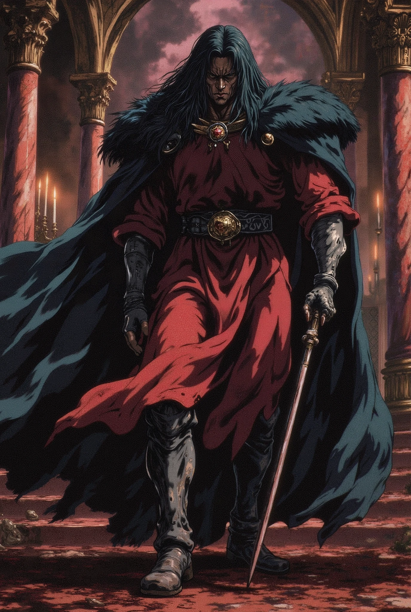 dark-skinned man, long black hair, dressed in a red medieval long-sleeved tabard, black leather gloves, torn cape, with voluminous black hair on his shoulders, black leather pants, bored, inside a luxurious Castle.