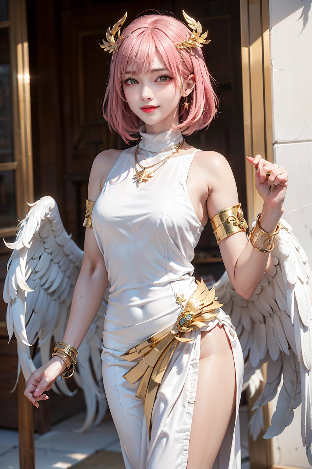 Women, early 20s, short silky pink hair with yellow tips, angel wings, gold armlet, gold bracelet, golden eyes, smug, smirk, one raised eyebrow, golden hair pins, white turtleneck greek one-shoulder fine silk dress, golden necklace with a gem, standing up.
