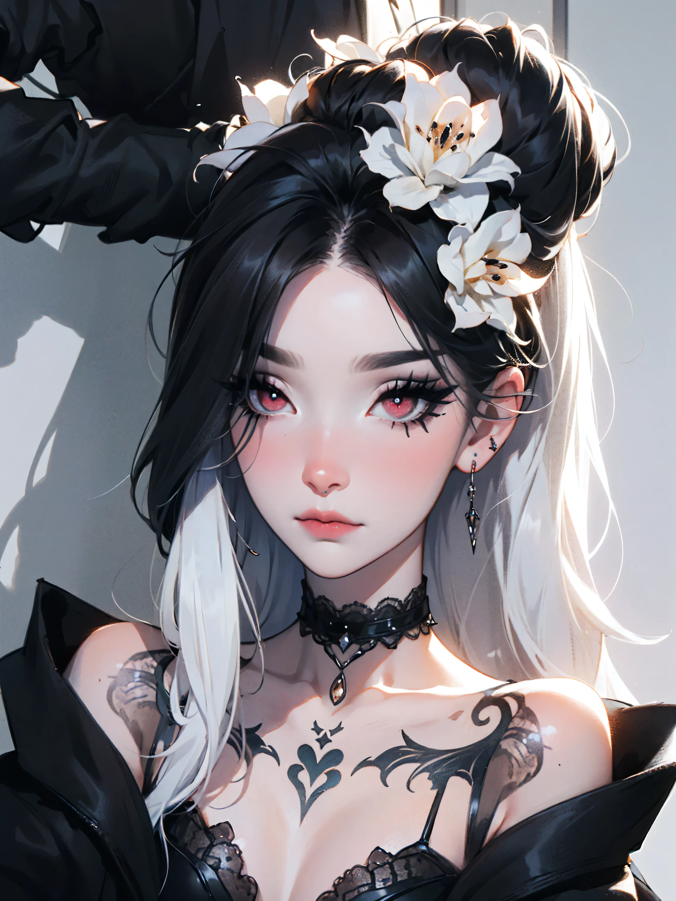 emo_hairstyle,, black tie, ((long hair)), ((straight hair)), (((black hair))), white skin, pale, white, , tired expression, choker, ((dark makeup, mascara, eyeshadow, tattoos)), multiple piercings, best quality, 8k,, erotic, slytherin, (fishnet outfit, lace)