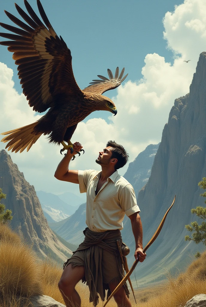 Eagles and rakshashas listen stories told by a young man he has good body features and height in his hand he has a book hold that