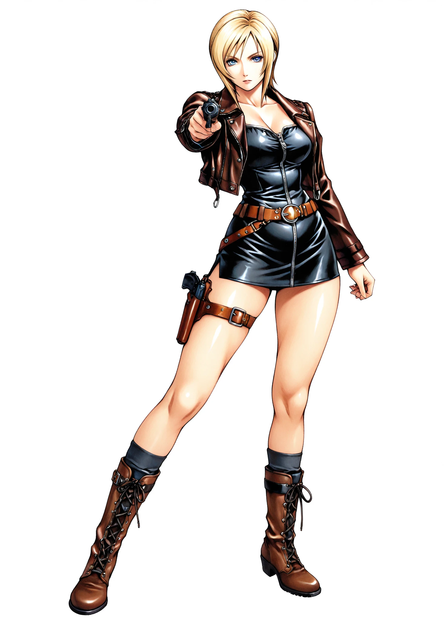 “Create an image of a character inspired by Lara Croft with a stylish twist. She should have blonde hair styled in a ponytail, blue eyes, and glossy lips. Outfit her in black thigh-high socks, black boots, white shorts, and a black crop top. She should be holding guns, standing confidently with a strong, commanding pose. Set the scene against a bright daytime sky with a clear, sunlit background