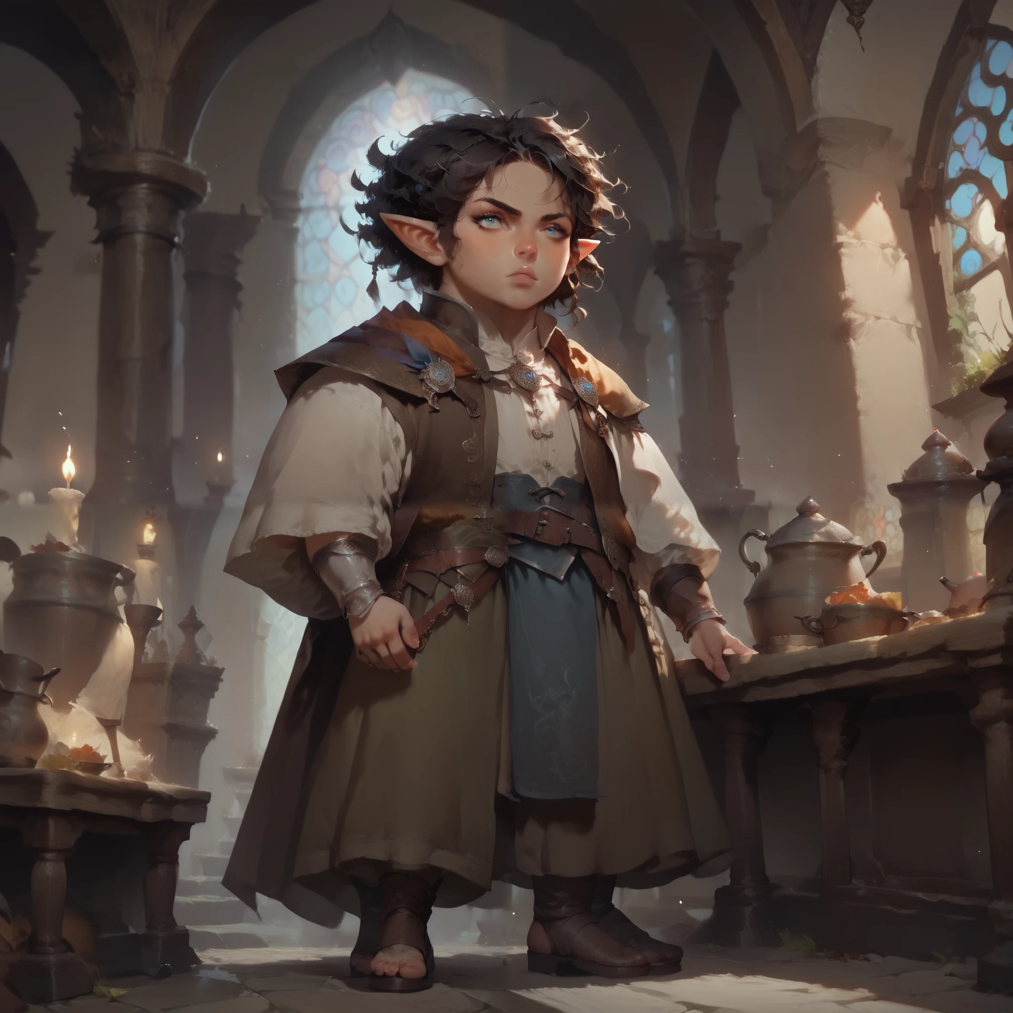 score_9 , score_8_up , score_7_up , 1boy , androgynous, (short height), big head , long pointy ears, halflings, (short dark hair), (round face), fantasy noble clothes, (fantasy poncho), serious , solo , in a medieval regal room interior, highly detailed , high quality , concept art , full body portrait