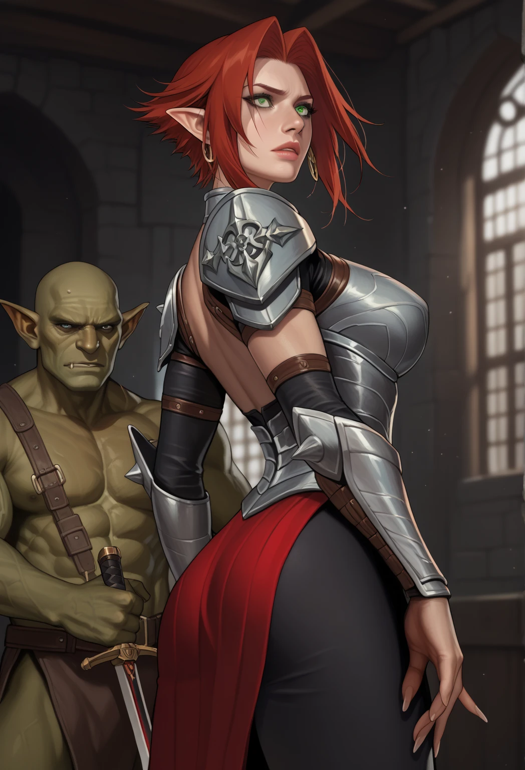 woman, barbarian, dreamy (detail)+, (pronounced contours)+, middle ages, rage, (red eyes) short bob hair