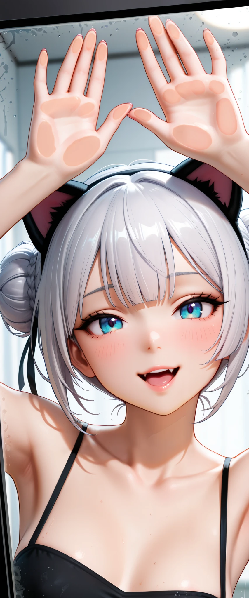 ( ultra detail, masterpiece , top quality, 8k, SO BEAUTIFUL, realistic and detailed CG , sharp concentration , Super Fine), cute woman, (Cat costume) beautiful eye detail, textured skin, beautiful skin, long eyelashes, Colored eyes, abstract pattern), ( Beautiful hair with attention to detail , Blunt Bang , bun haircut , light silver hair ), (Bizarre smile, plump lips , open your mouth ), (medium breasts,Small breasts, thin lips, beautiful feet,)Press your cheeks and hands against the glass,peek