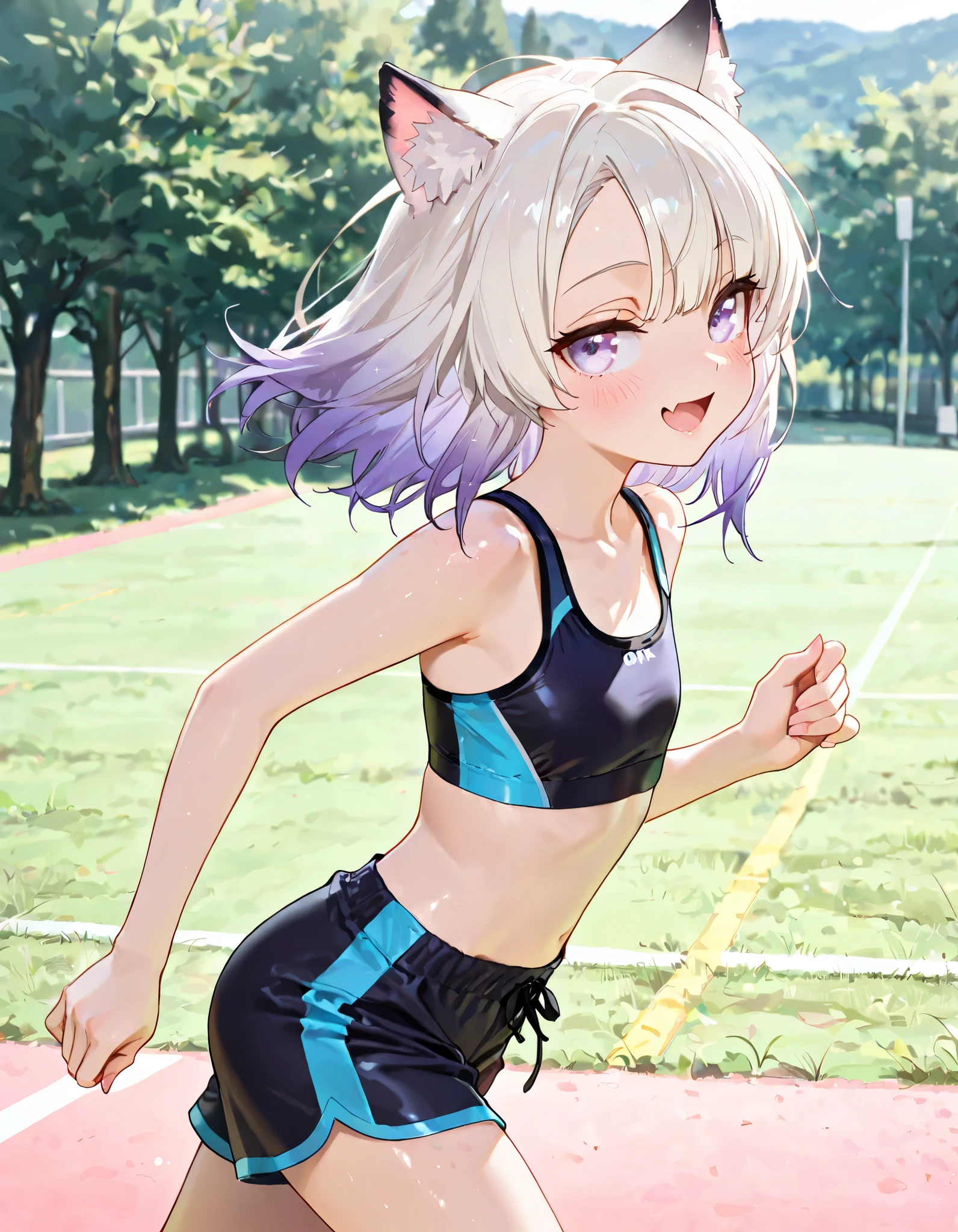 short hair,Short Hair,Straight Hair、Gray Hair、Twinkling eyes、Amber Eyes、Cat ear、Cat tail,Embarrassing,playground,blue sky,separate,running,hot pants,Sports Bra,Umbilical cord,small胸、shine、reflected light、Film Grain、masterpiece、Textured skin、Super Detail、High Detail、high quality、最high quality、High resolution、16K、shine,(small,Young,Lori),Sweat,first round