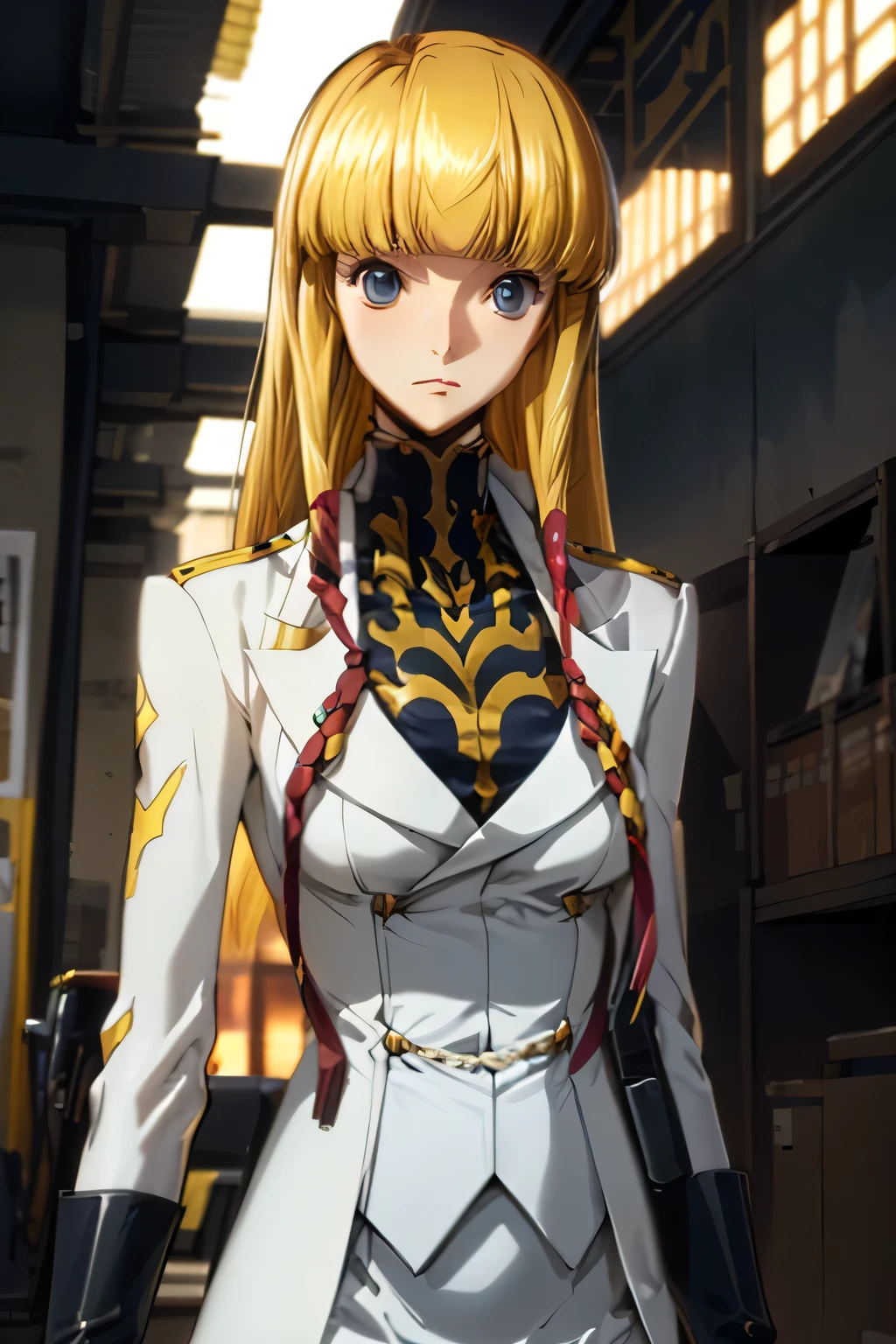 perfect anatomy top quality,highest resolution in ,(((Shiny military uniform Shiny Blonde Dark blue eyes shiny skin))) cord gears Monica long hair straight expressionless flat chest woman cool