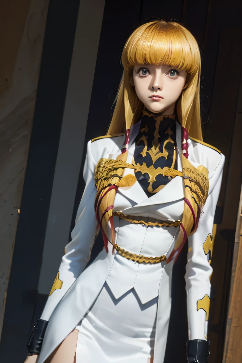 perfect anatomy top quality,highest resolution in ,(((Shiny military uniform Shiny Blonde Dark blue eyes shiny skin))) cord gears Monica long hair straight expressionless flat chest woman cool