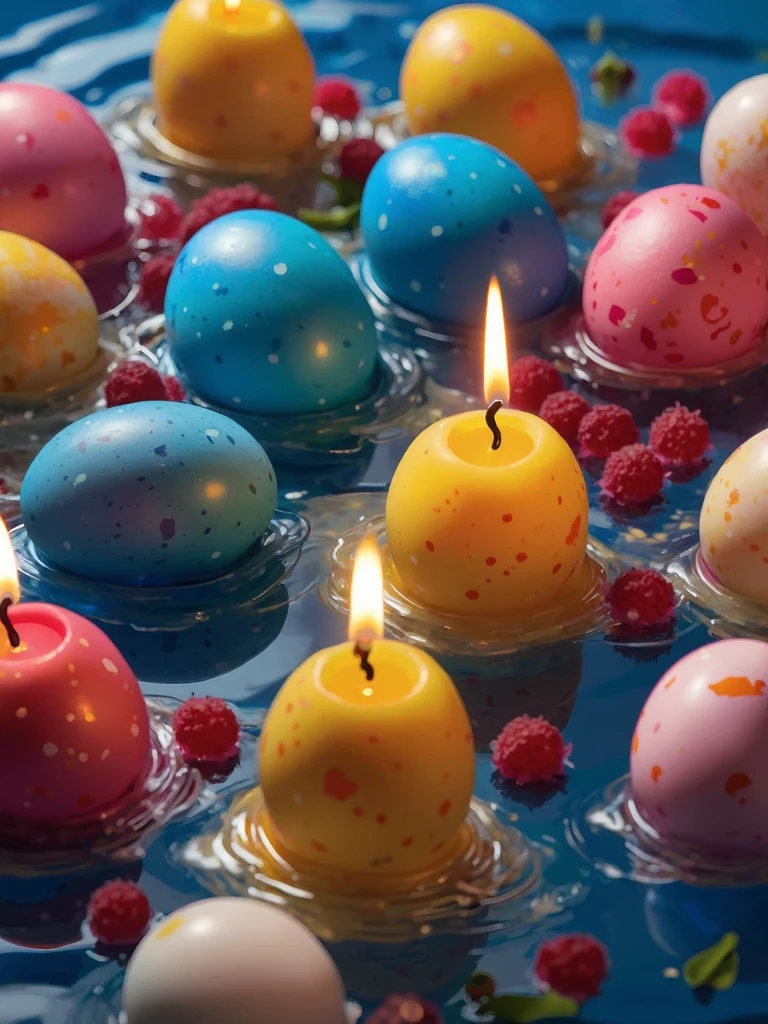 refreshing, vibrant glowing 3 Colorful Easter Eggs, floating in the water, macro photography, dew drops, pink lighting, glitters in the water, refreshing , in the style of a product hero shot in motion, dynamic magazine ad image, photorealism, flowing water background, sunshine, sparkling in the water